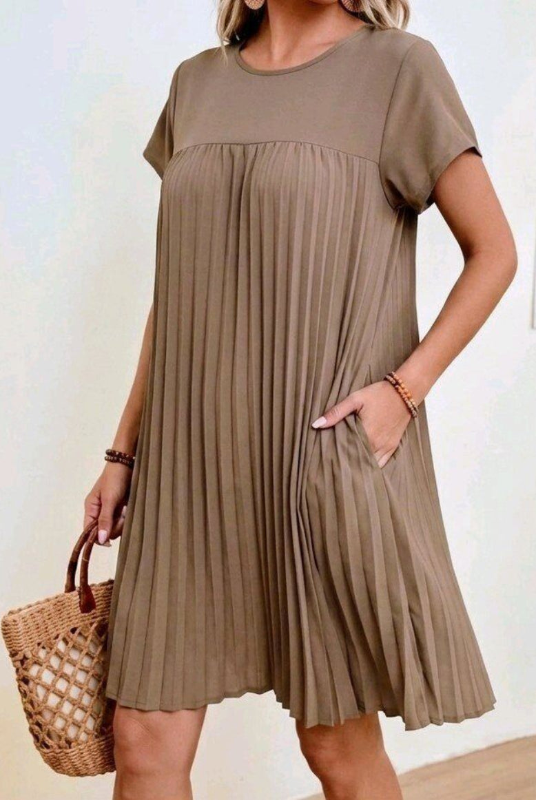 taupe pleated short sleeve dress close up
