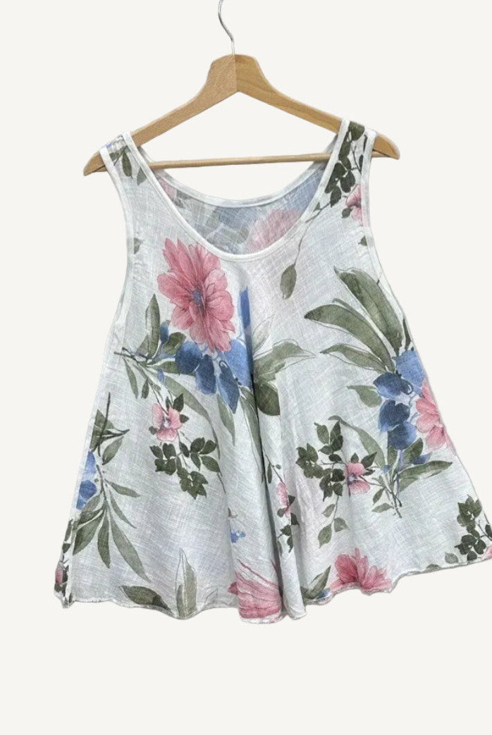 Floral tank top on a hanger