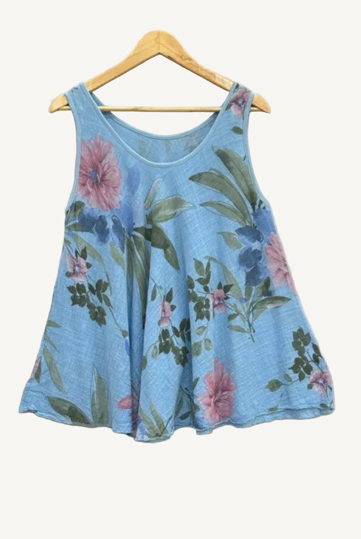 Blue floral tank top on a wooden hanger