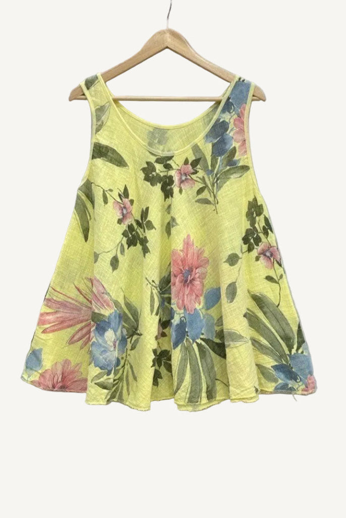 Yellow floral tank top on a wooden hanger