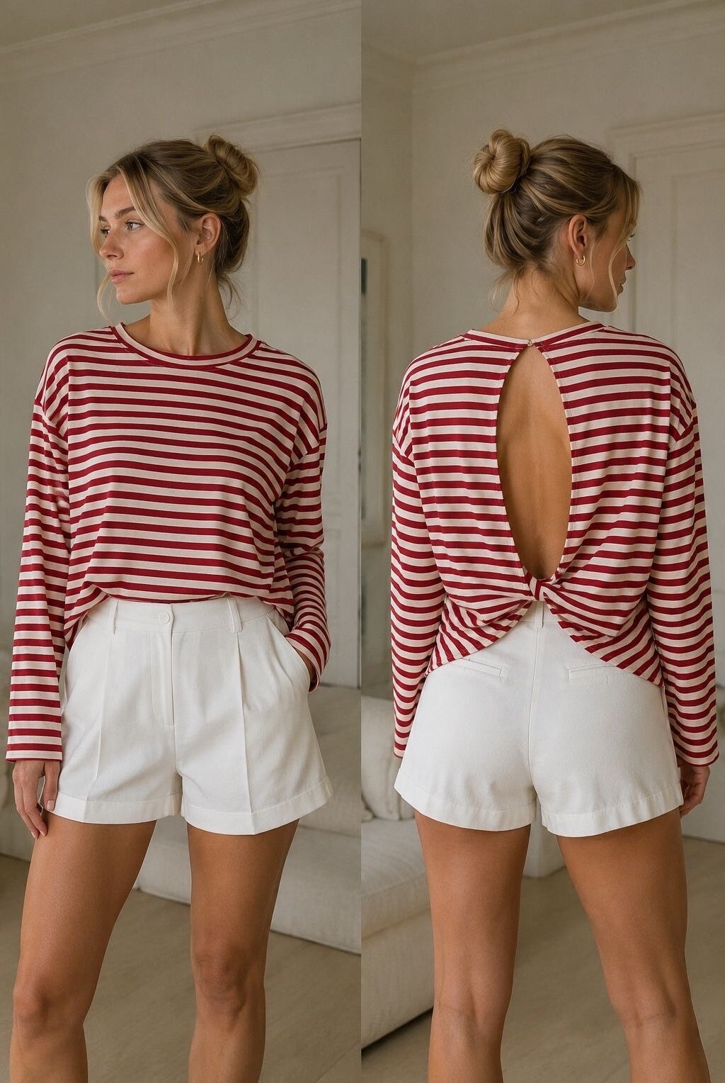 A woman modeling a red and white striped long-sleeve top with a back tie detail, paired with white shorts, shown from both front and back views in a bright indoor setting.