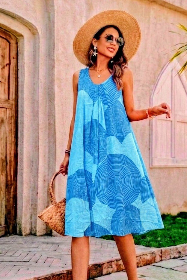 turquoise-sleeveless printed dress