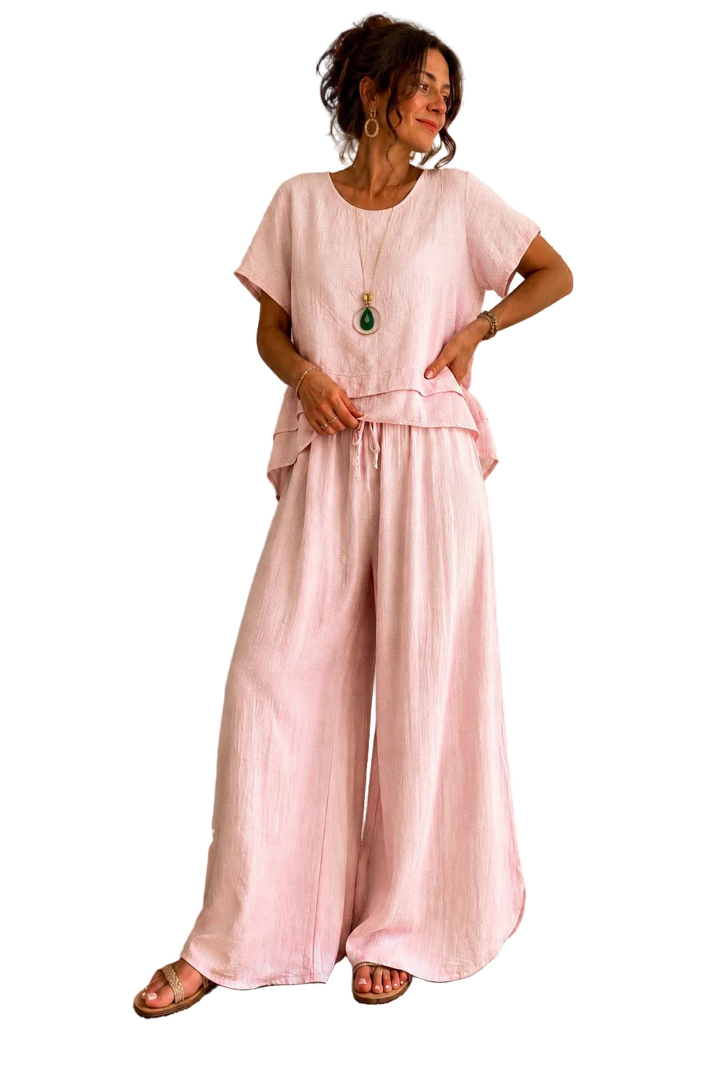 Woman wearing a pink outfit standing in front of a white background.
