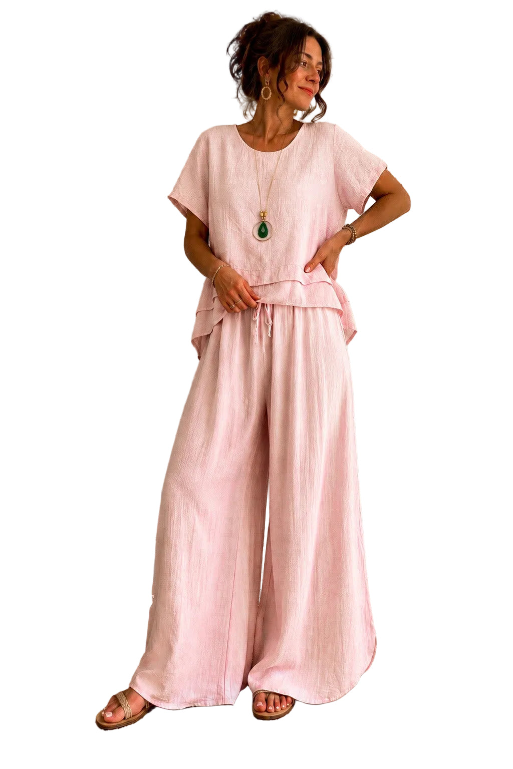 Woman wearing a pink outfit standing in front of a white background.