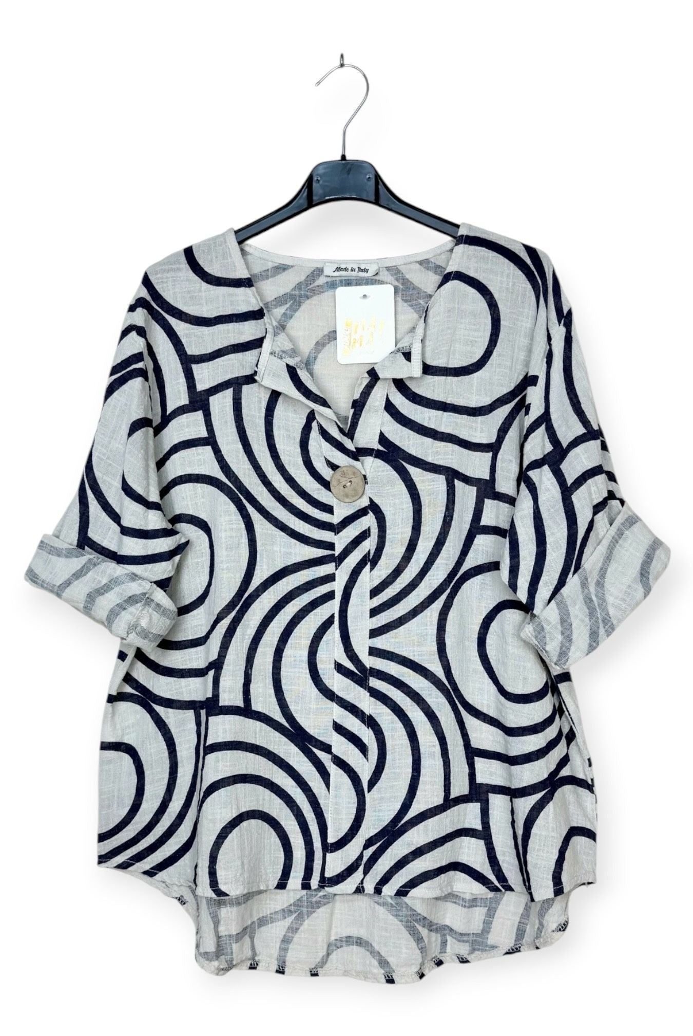 Printed beige top with v nec and feature button