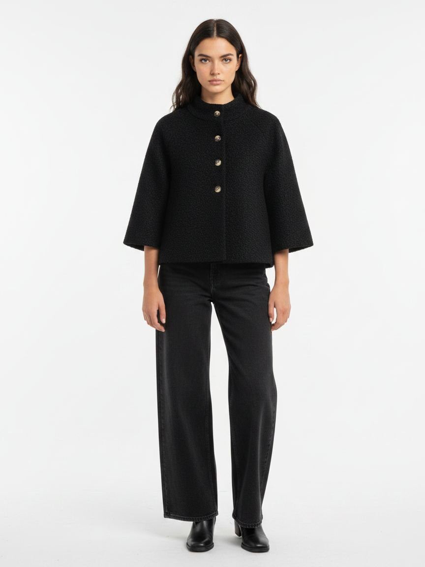 A model stands against a plain white studio background wearing a black cropped cape jacket with three-quarter sleeves and gold-tone buttons, paired with black wide-leg trousers and black shoes.