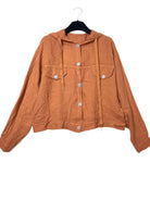 Brown jacket on a hanger against a white background