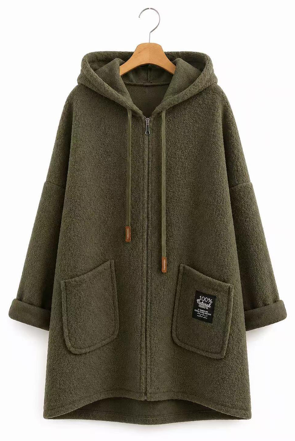 An olive green fleece zip-up hoodie jacket with a hood, drawstrings, and two front patch pockets, hanging on a wooden hanger against a plain white background.