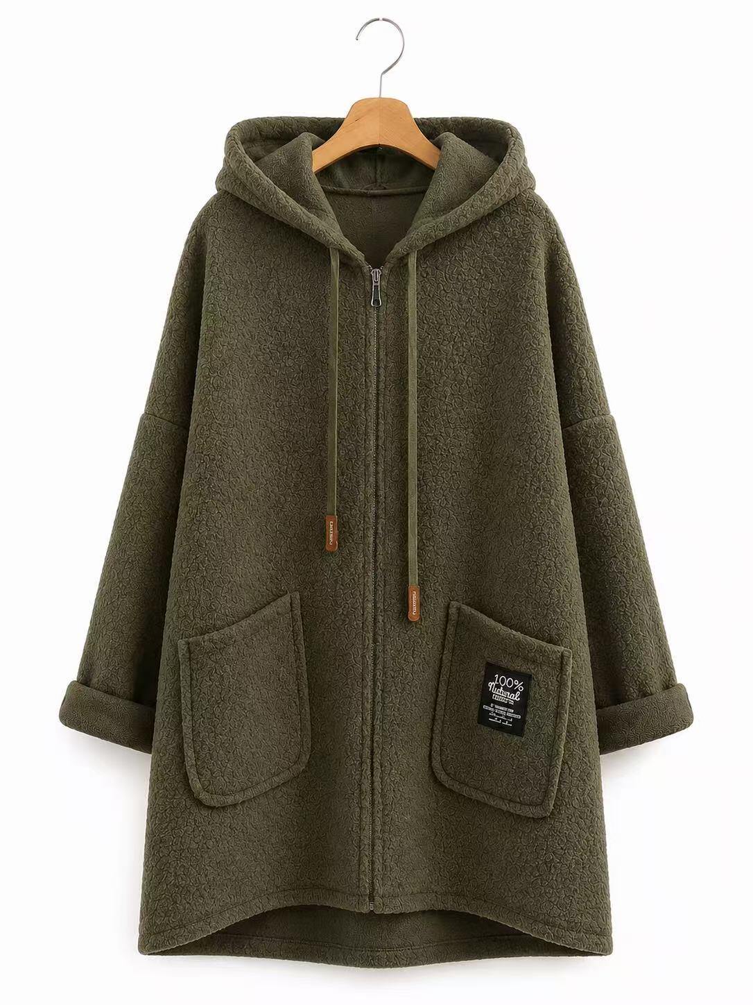 An olive green fleece zip-up hoodie jacket with a hood, drawstrings, and two front patch pockets, hanging on a wooden hanger against a plain white background.