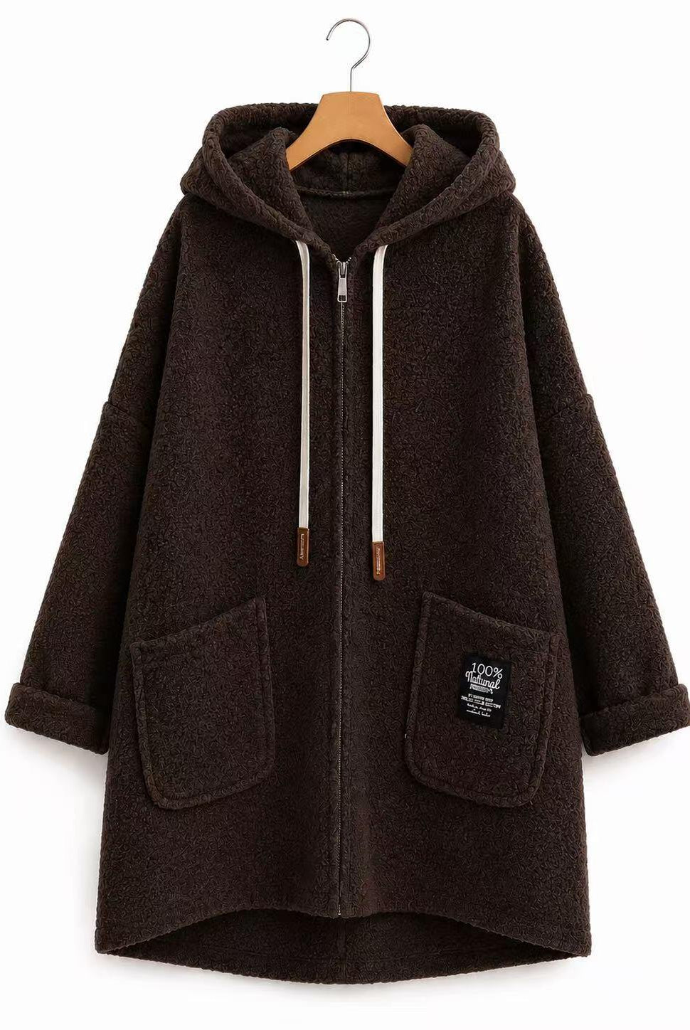 A dark brown fuzzy zip-up hooded coat with white drawstrings, displayed on a wooden hanger against a plain white background.