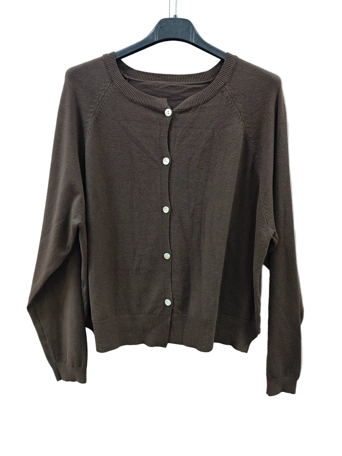 A dark brown knit cardigan sweater with a button-up front,.