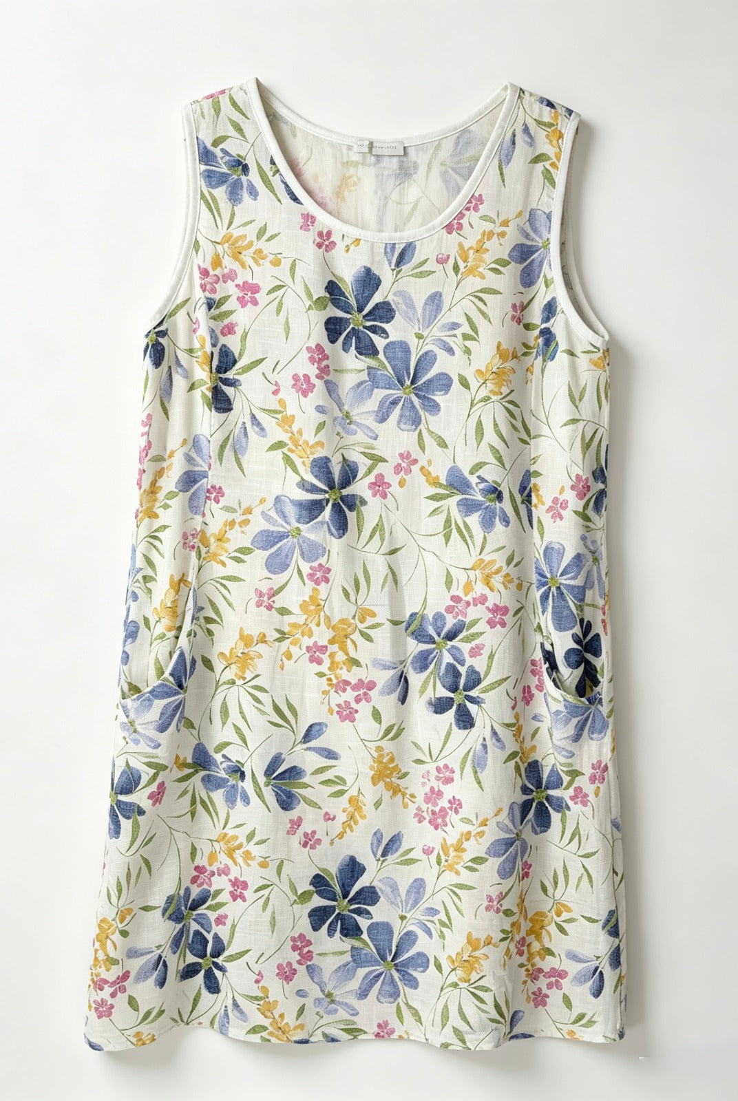 A sleeveless white dress with a colourful watercolor floral print