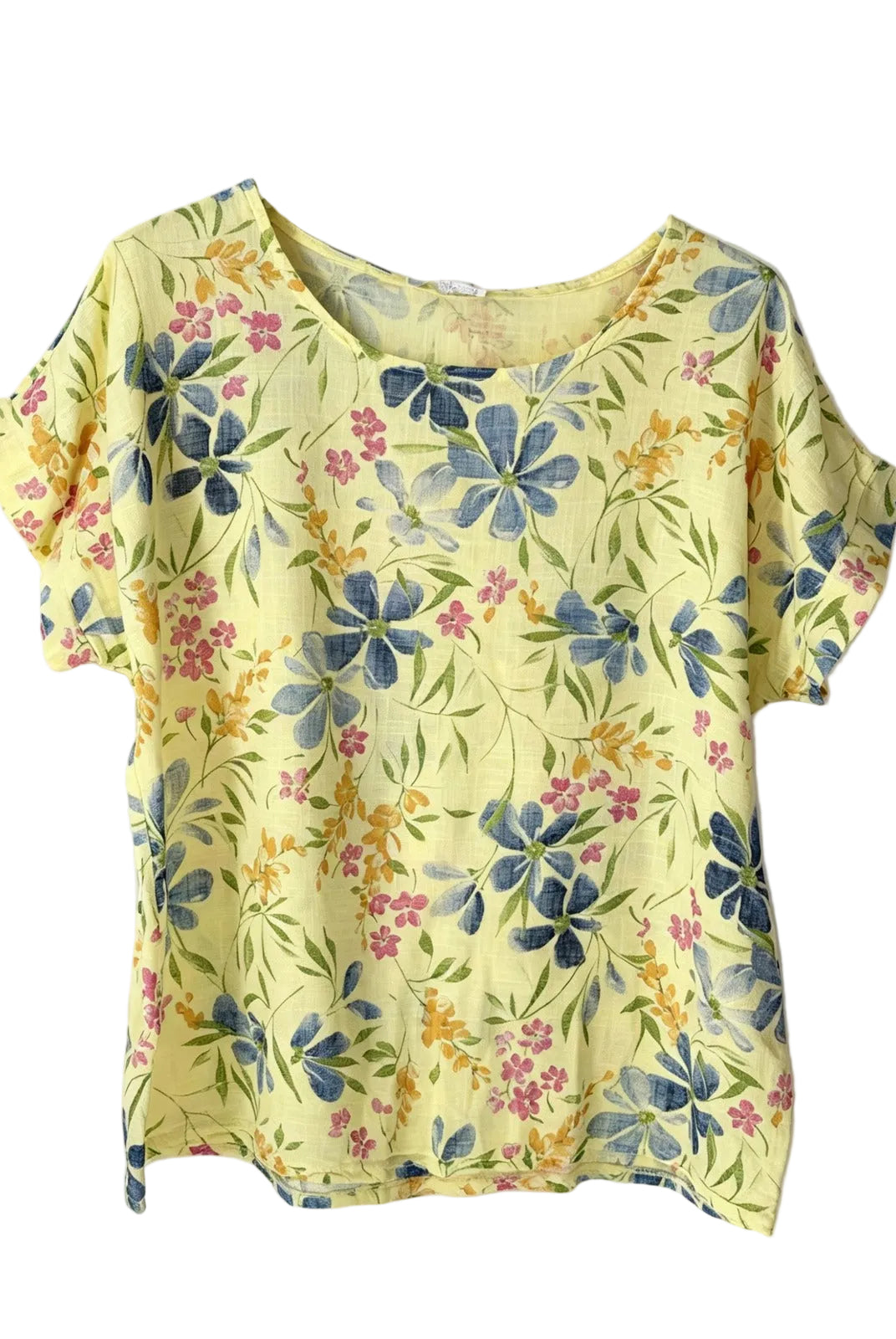 A pale yellow short-sleeve top with a blue, pink, and green floral print, displayed flat against a white background.