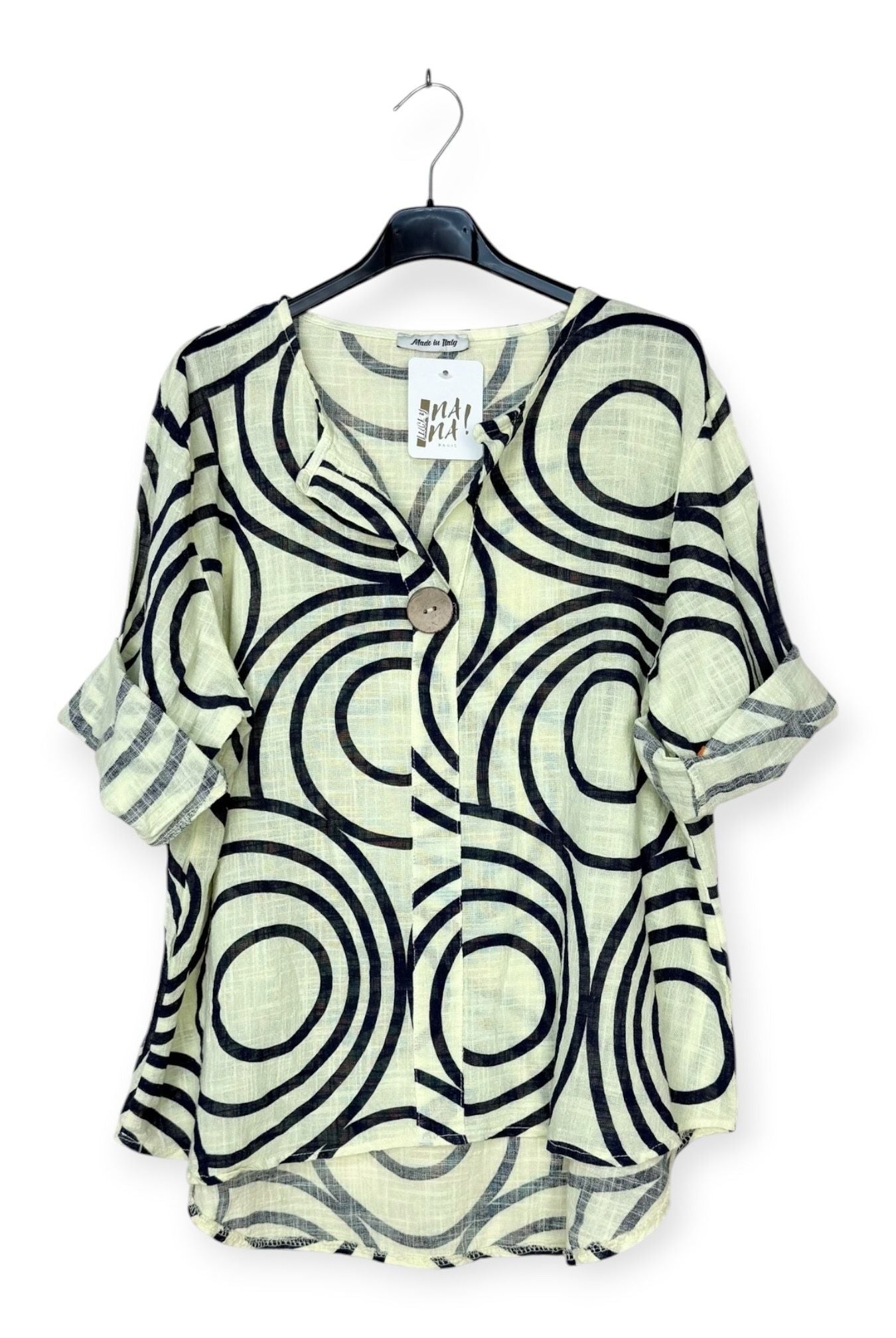 yellow printed top with feature button and v neck