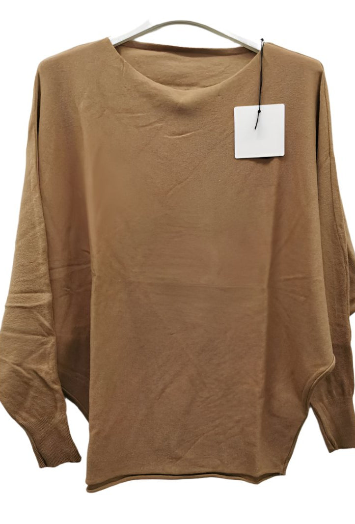 A camel italian knit batwing sleeve sweater displayed on a hanger.