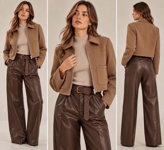 Tonal dressing with wide leg faux leather trousers, ribbed top and jacket