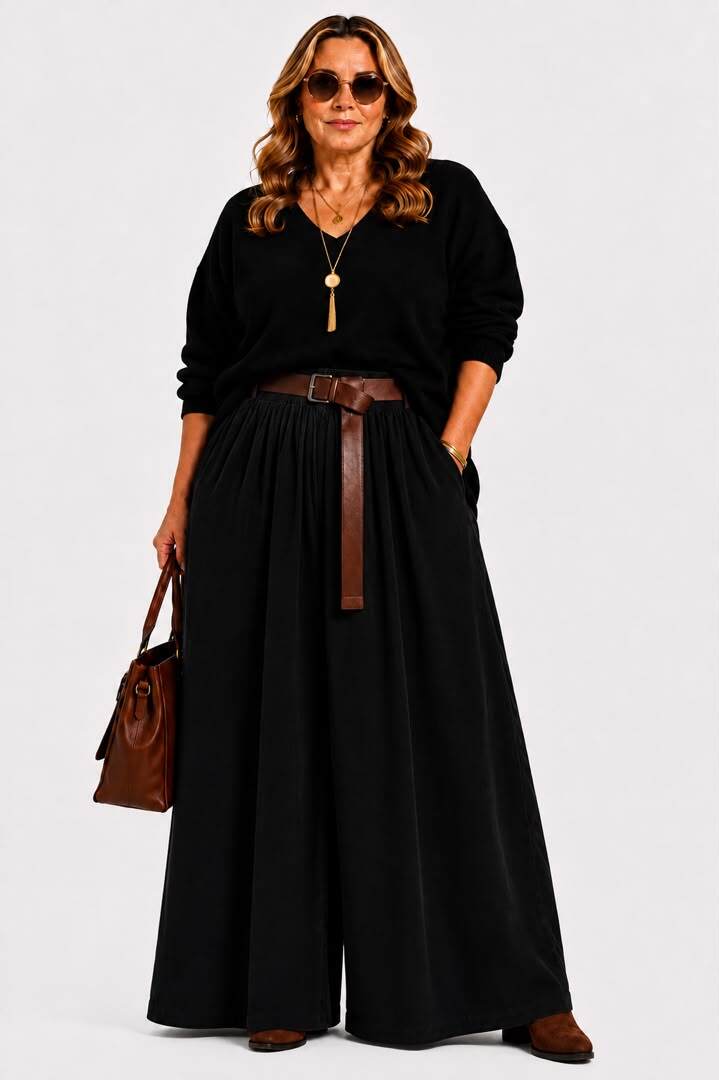 A woman modeling a black long-sleeve top and matching wide-leg pants with a brown belt, sunglasses, a gold pendant necklace, and a brown handbag against a light gray studio background.