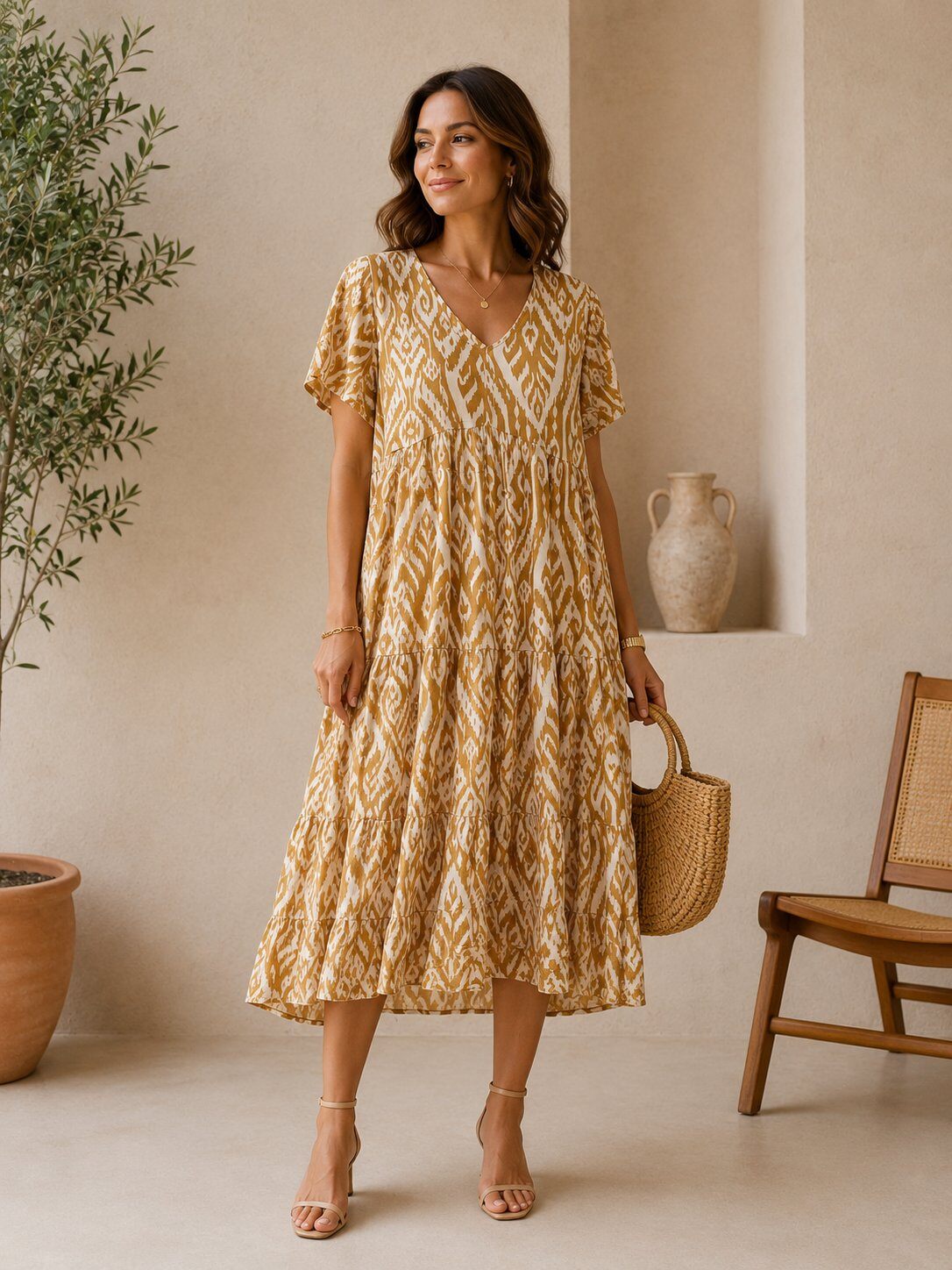 Vanilla colour midi dress tiered with v neck and short sleeves