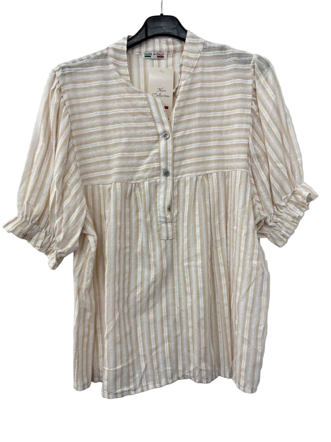 Beige and white striped shirt on a hanger against a white background