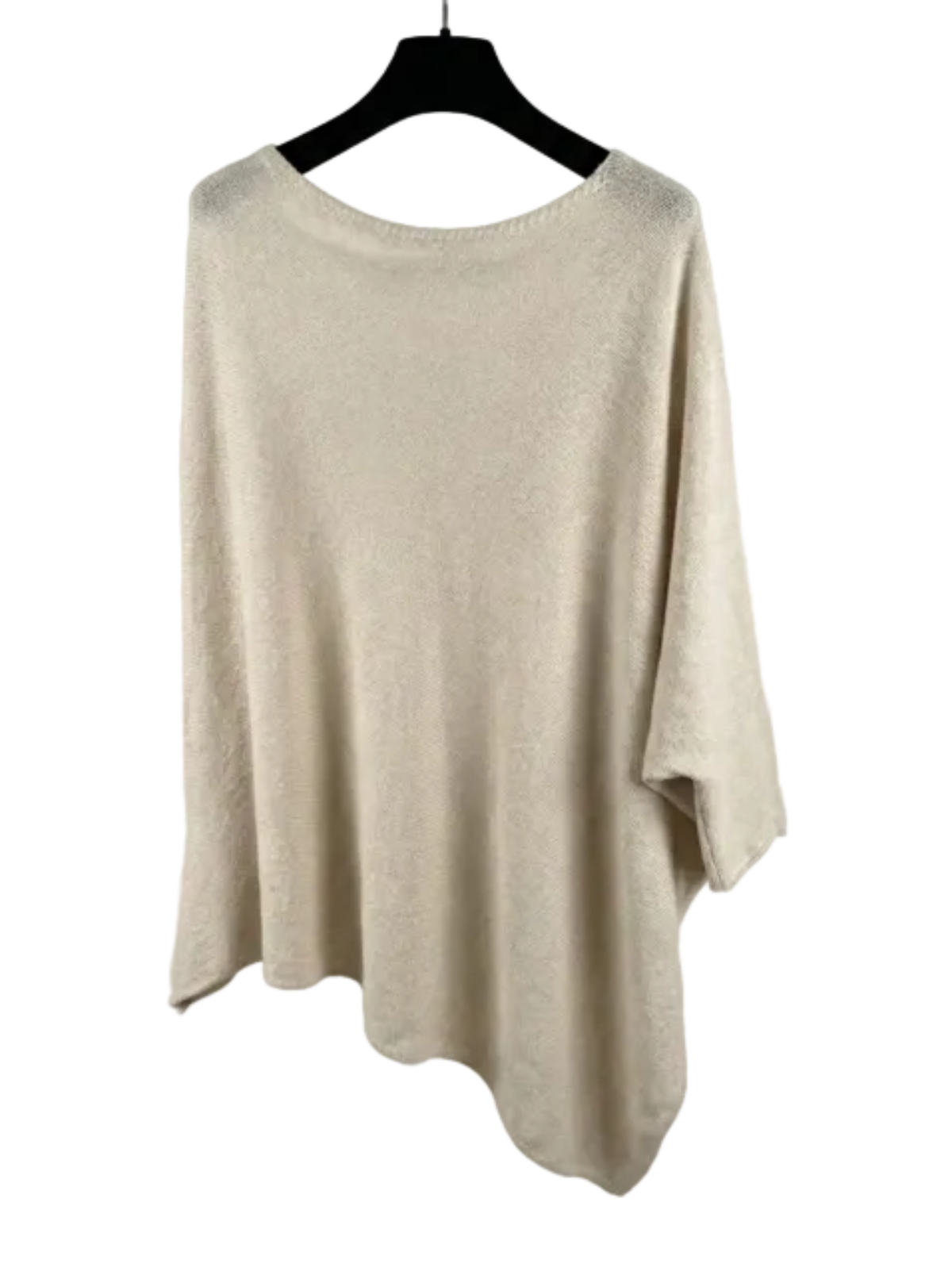 Beige sweater on a black hanger against a white background
