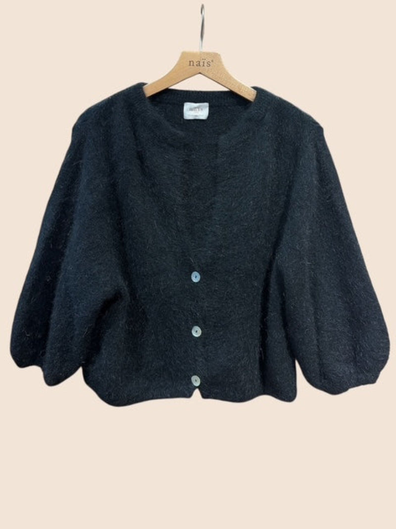 A black 3/4 sleeve cardigan in an angora mix 