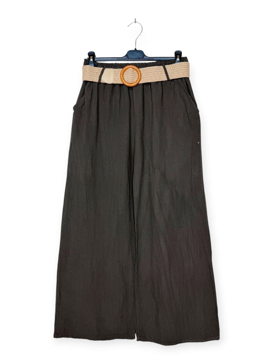 brown wide-leg pants with a beige belt 