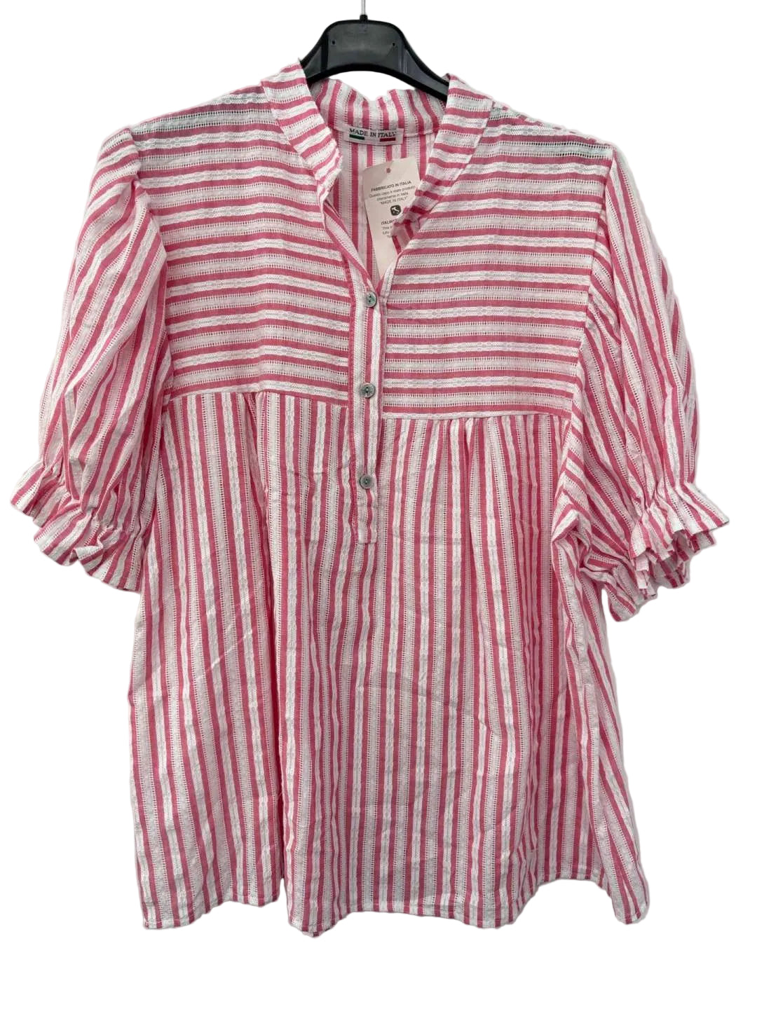 Coral and white striped shirt on a hanger against a white background