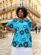 Cyan blue printed cotton plus size top