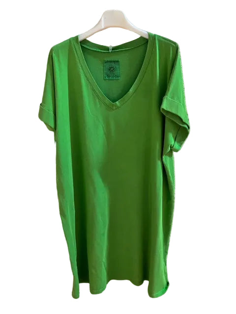 Green t-shirt dress on a hanger a