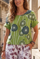 Cotton short sleeved top in green with all over print