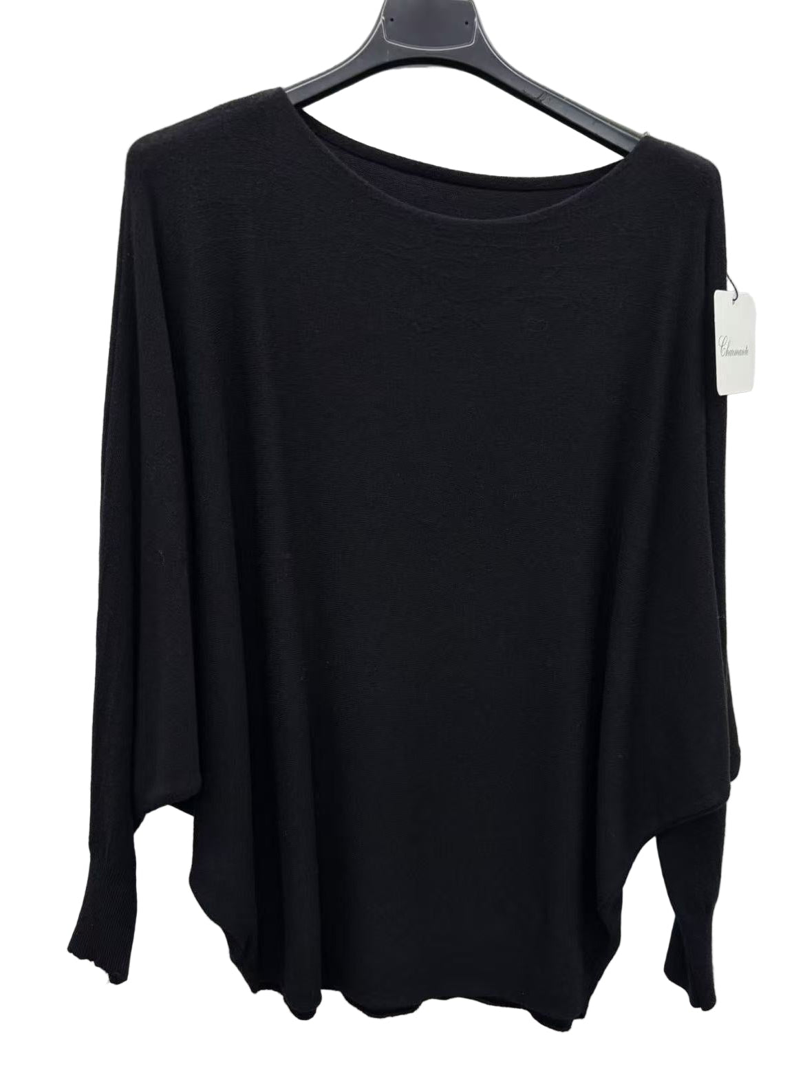 Black batwing sweater on a hanger with a white background