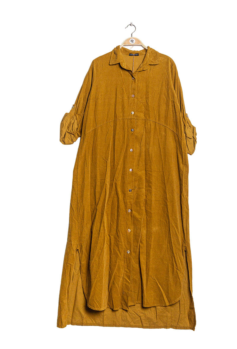 Mustard yellow dress on a hanger against a white background