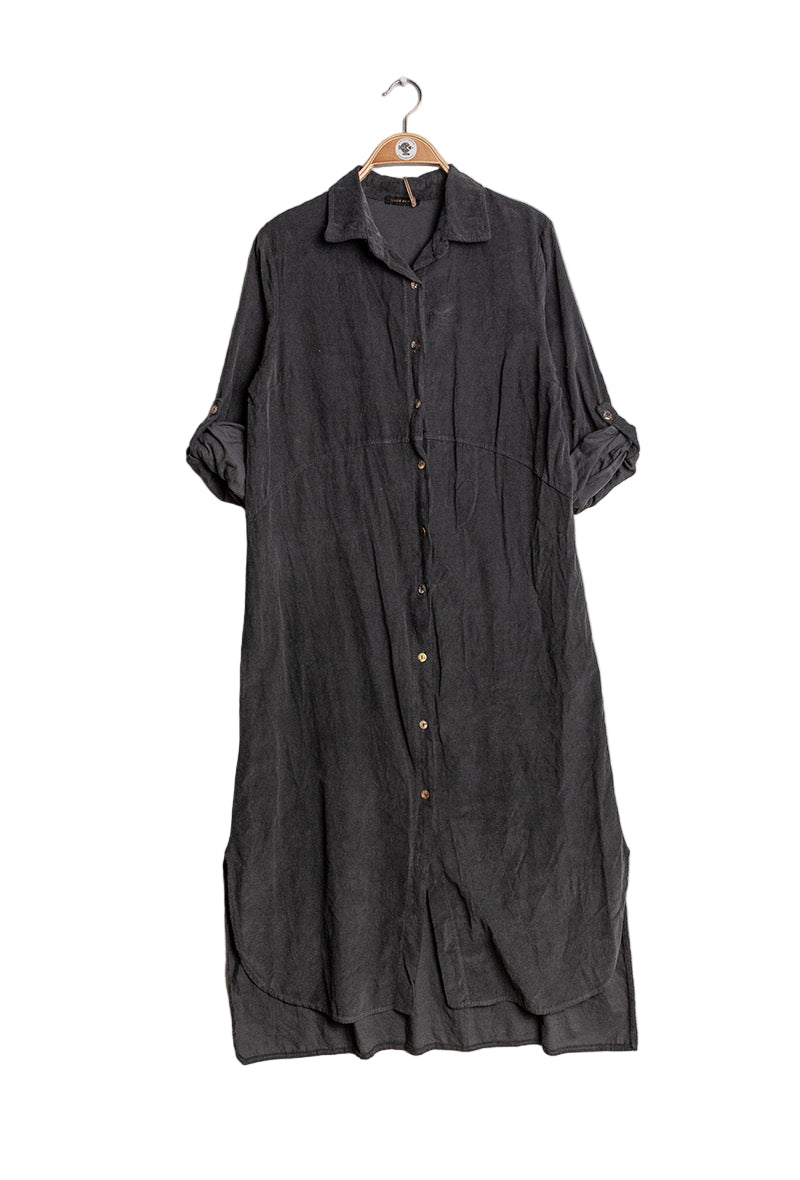 Dark gray dress on a hanger against a white background