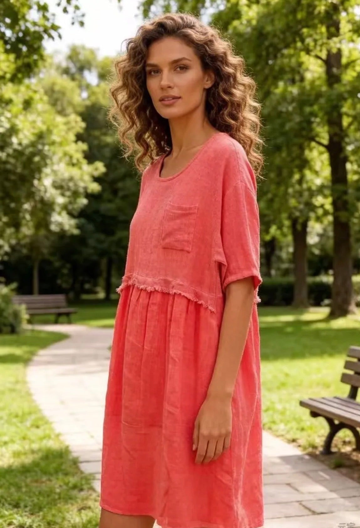 Coral short linen cotton dress