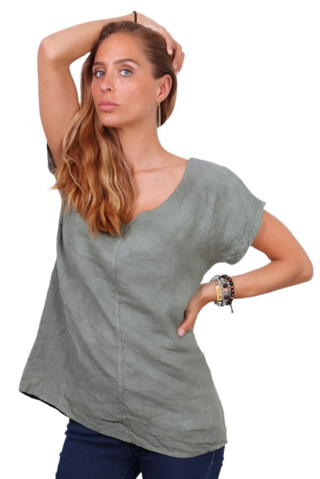 A person wearing a khaki v-neck cap sleeve top with a loose fit.