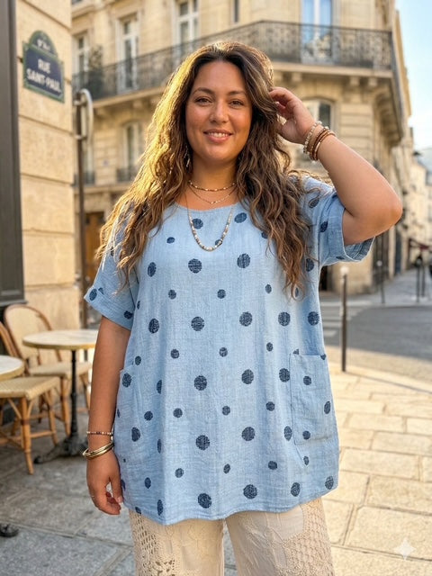 Light blue polka dot plus size top