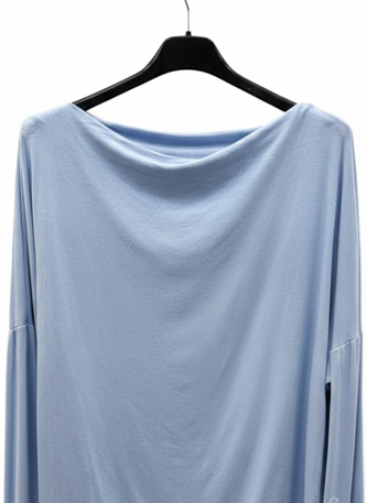 Light blue long-sleeve top on a hanger 