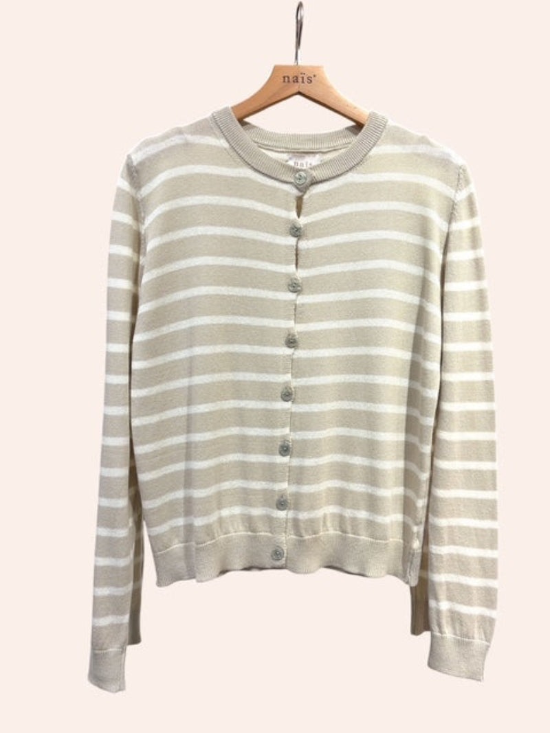Striped cardigan in beige on a hanger with a light background