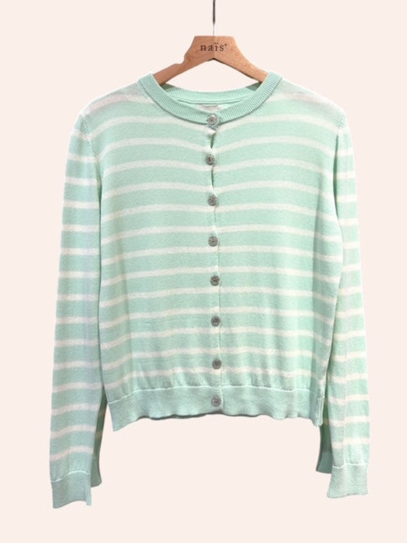 vert d eau striped cardigan on a hanger 