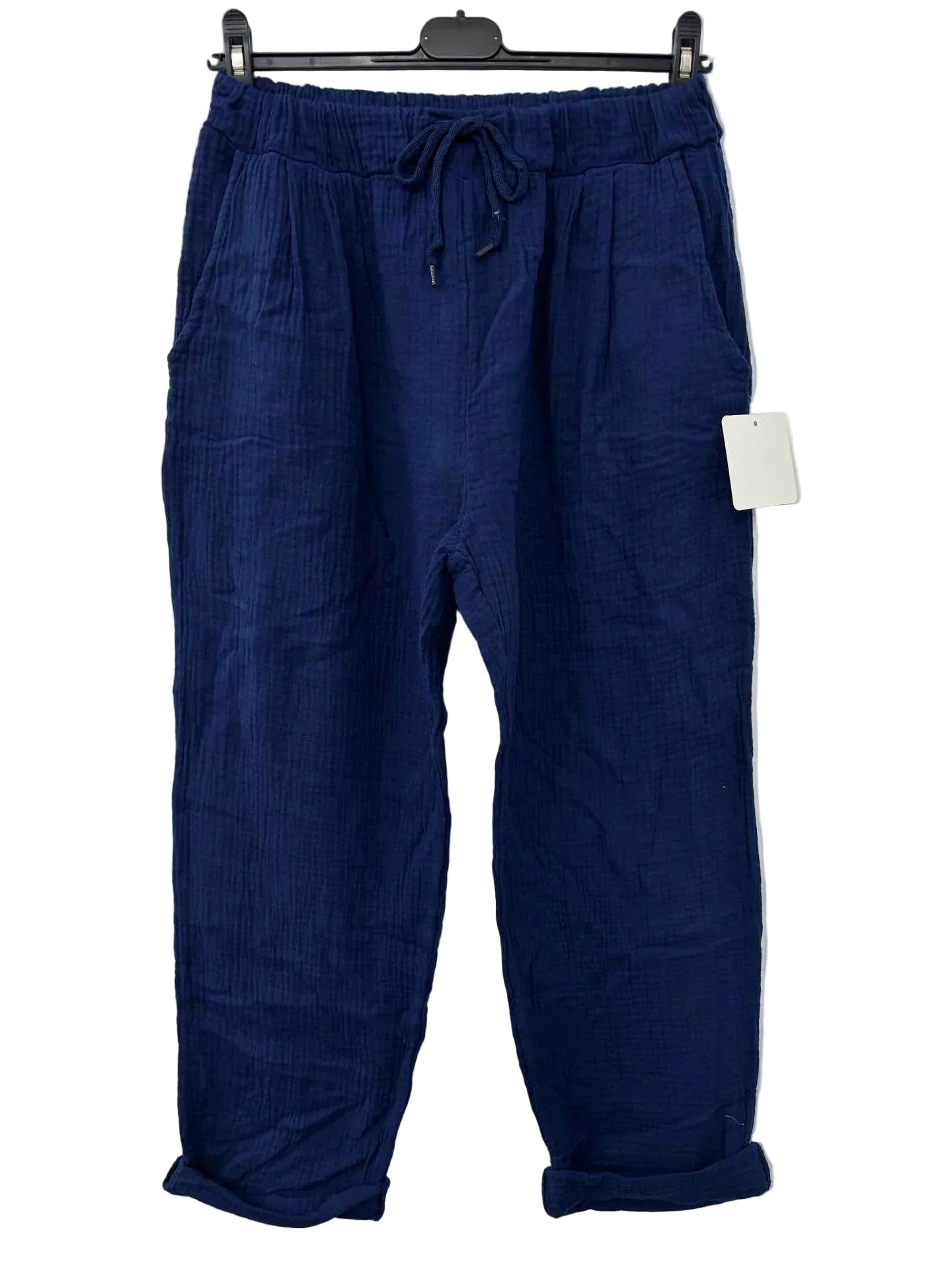Blue pants with a drawstring on a white background