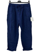 Blue pants with a drawstring on a white background