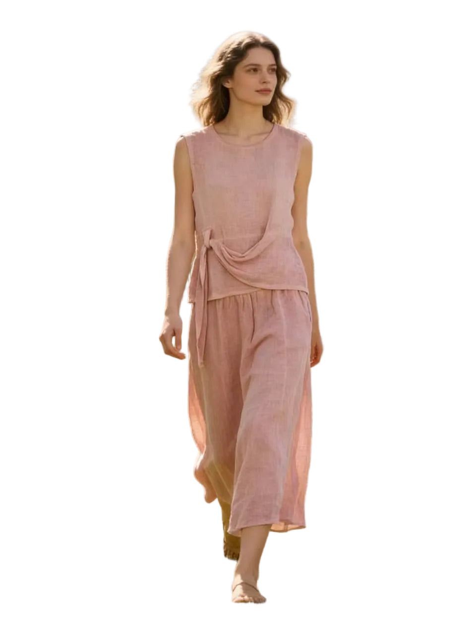 Woman in a rose outfit with a white background