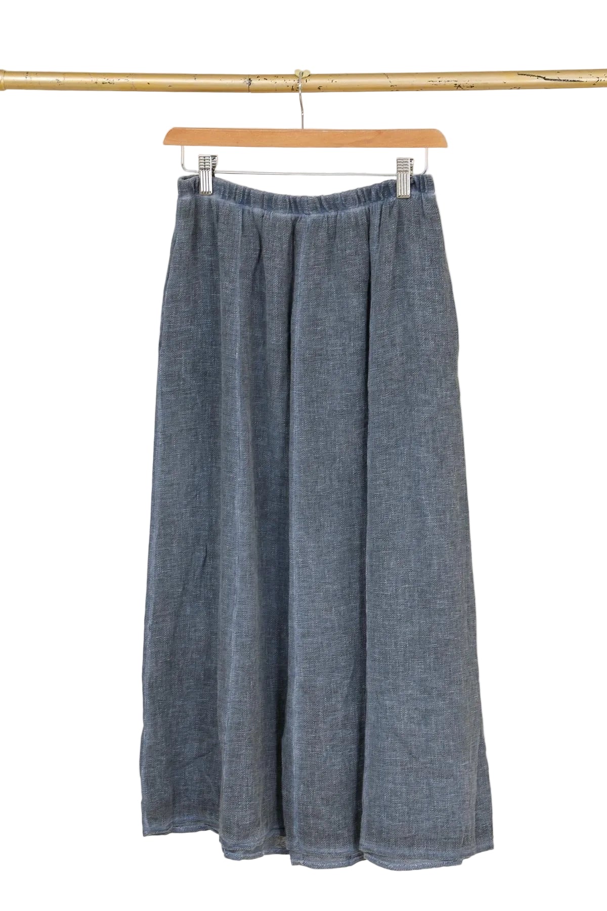 Navy blue linen skirt with white background