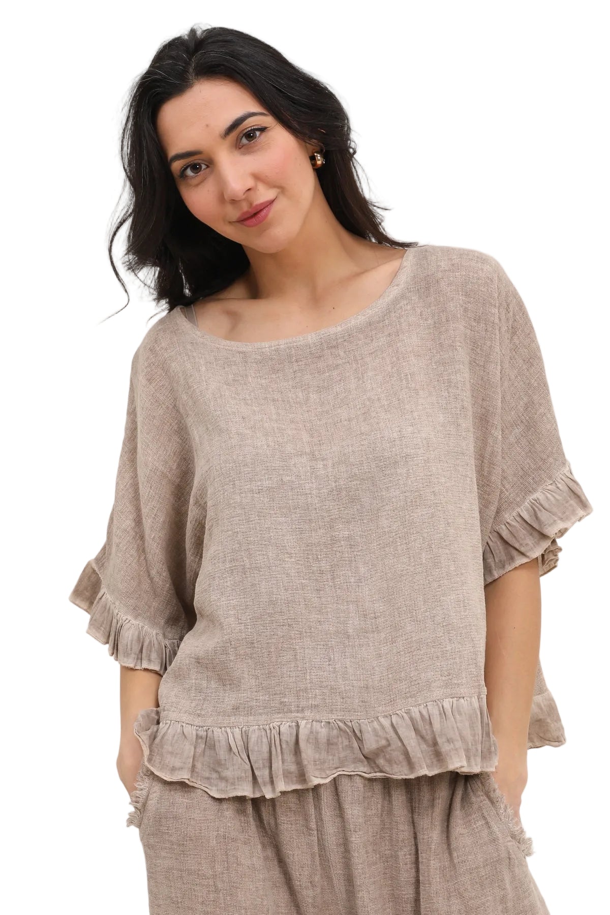Taupe ruffled blouse on a white background