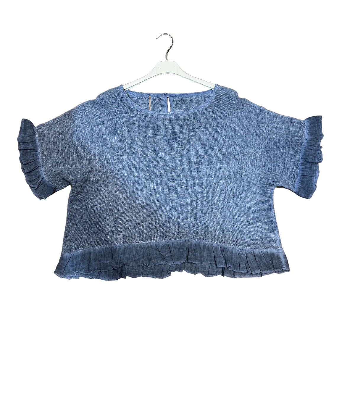 Navy Blue ruffled blouse on a white background