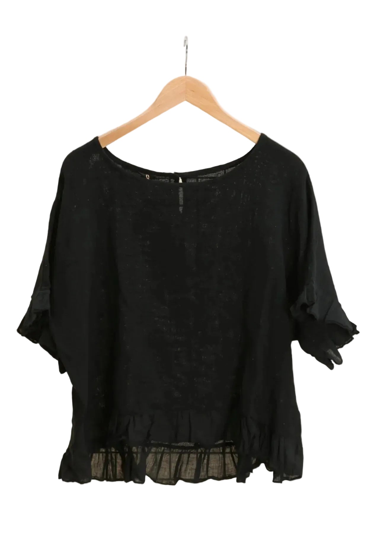 Black ruffled blouse on a white background