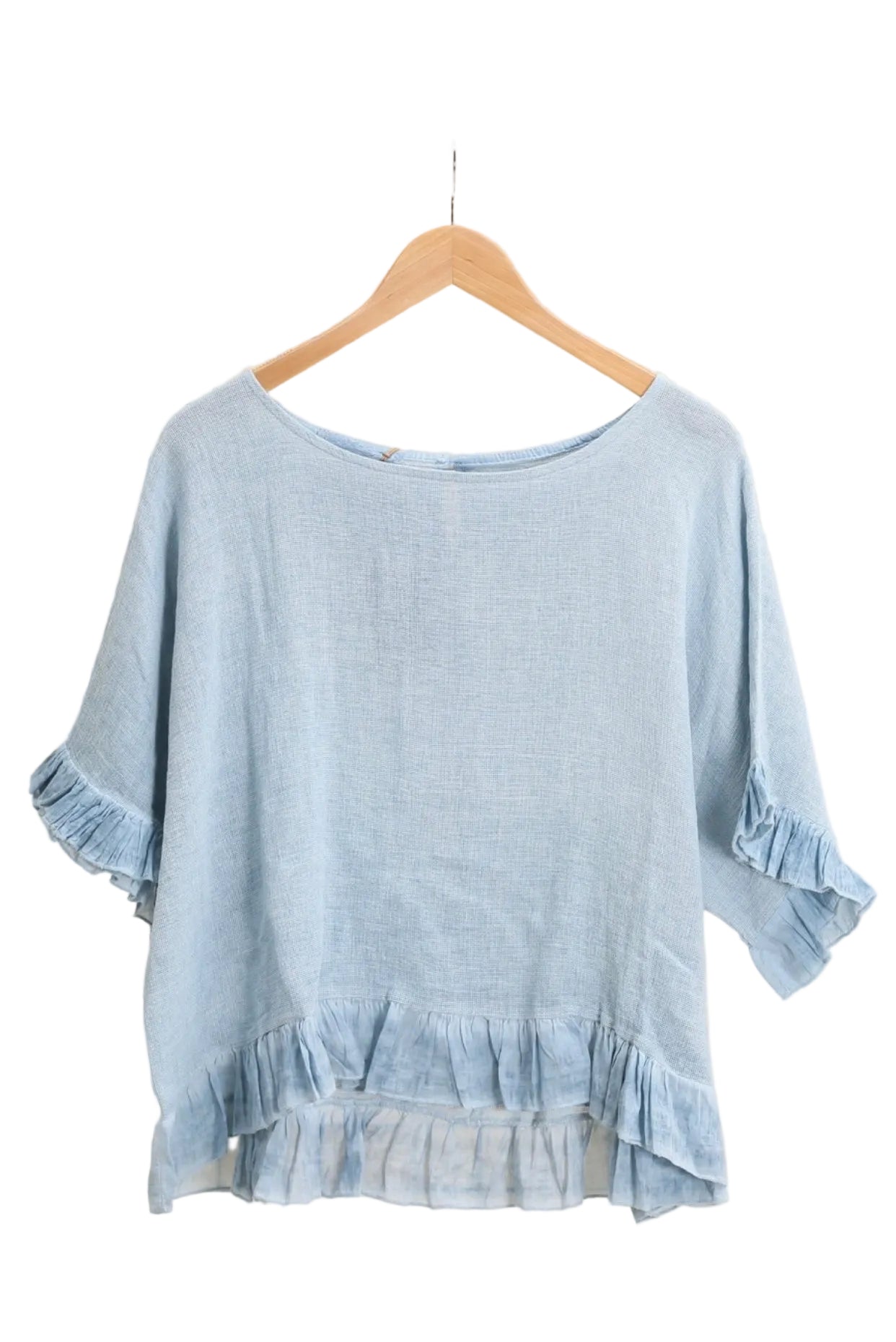Blue Jeans ruffled blouse on a white background