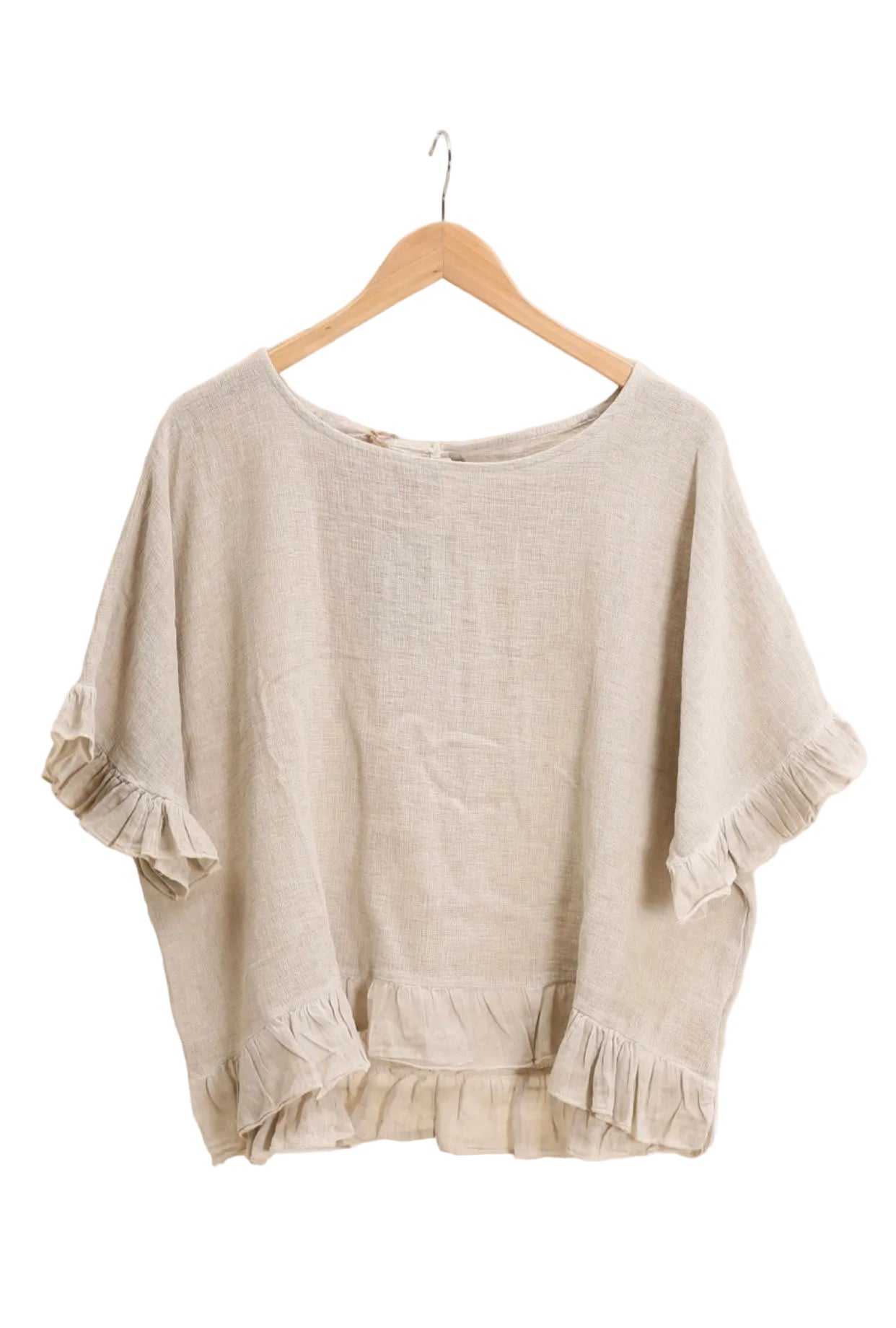 Beige ruffled blouse on a white background
