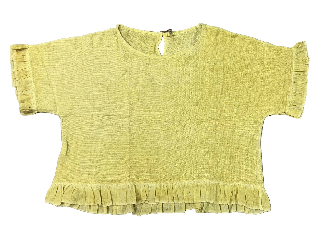 Yellow ruffled blouse on a white background