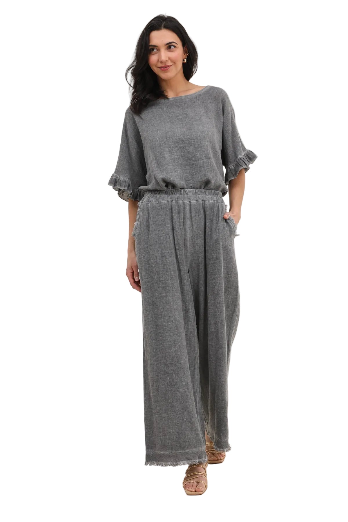 Charcoal grey ruffled top & trouser on white background